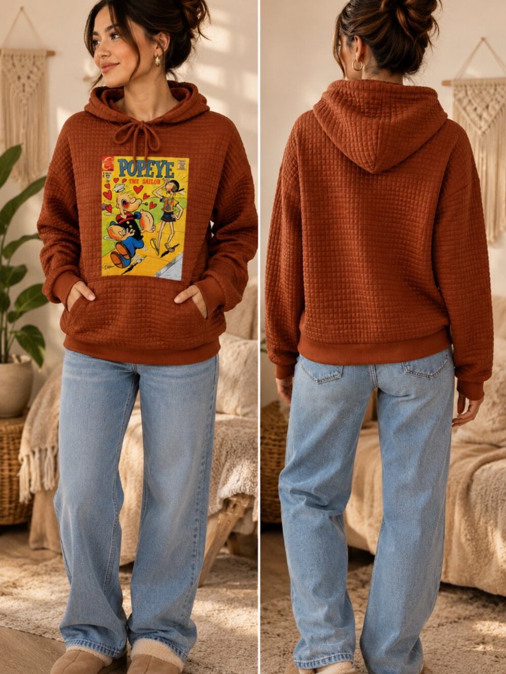 Unbranded Popeye Graphic Textured Hoodie Waffle Knit Size Medium